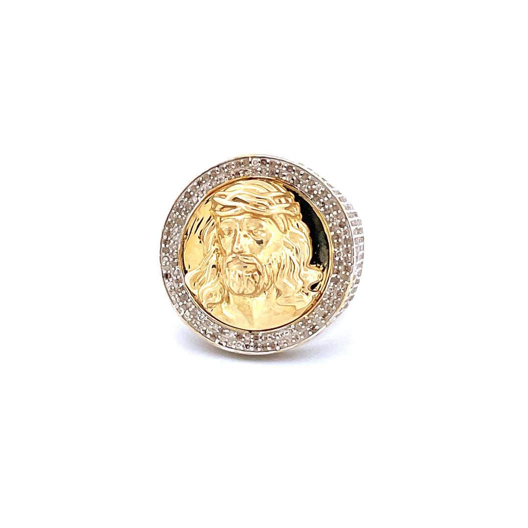 10k Yellow Gold with 2.4Ctw Natural White Diamond Jesus Head Men's Pinky Ring