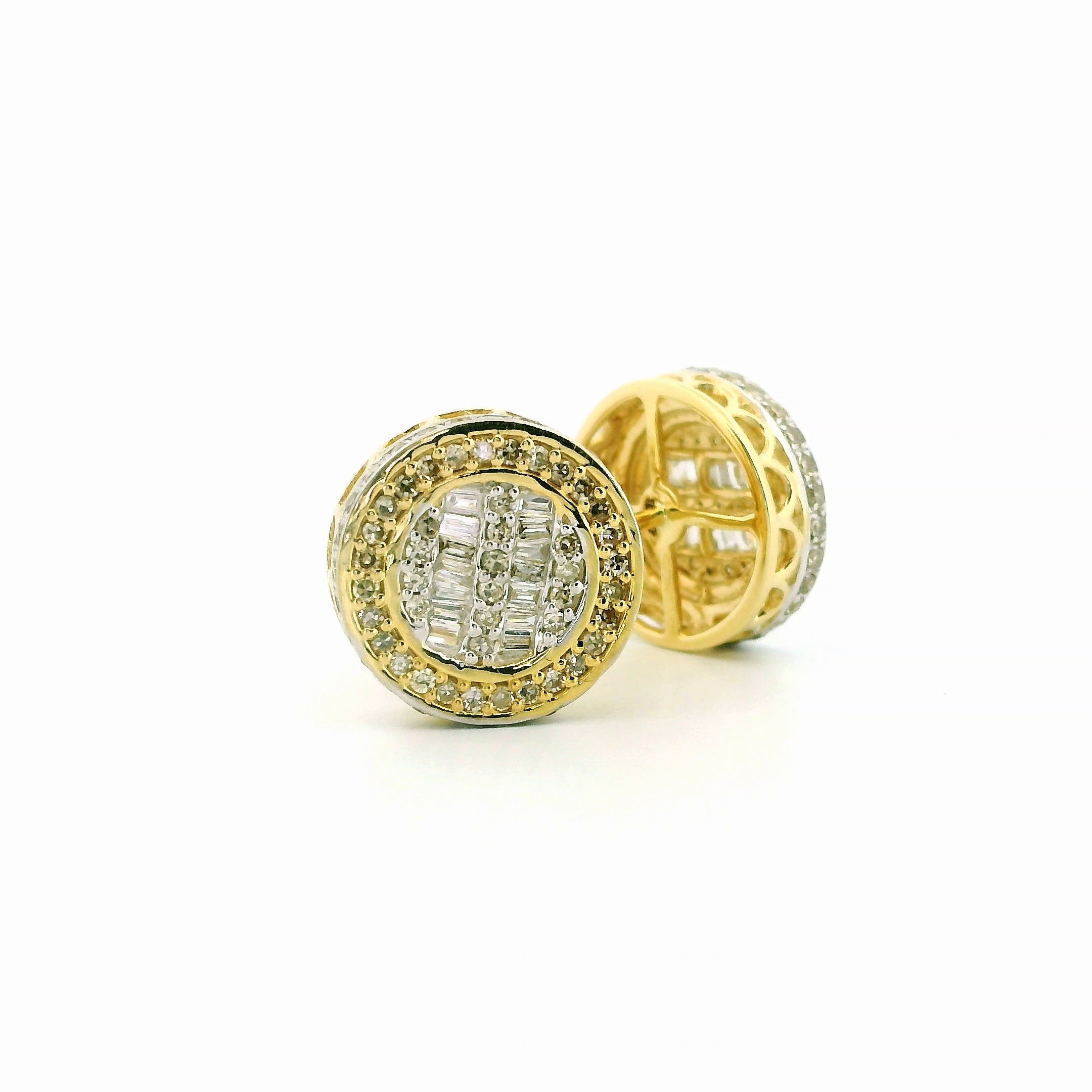 10k Yellow Gold Diamond Earrings | 0.62ctw Round & Baguette Natural Diamonds, 12.5mm