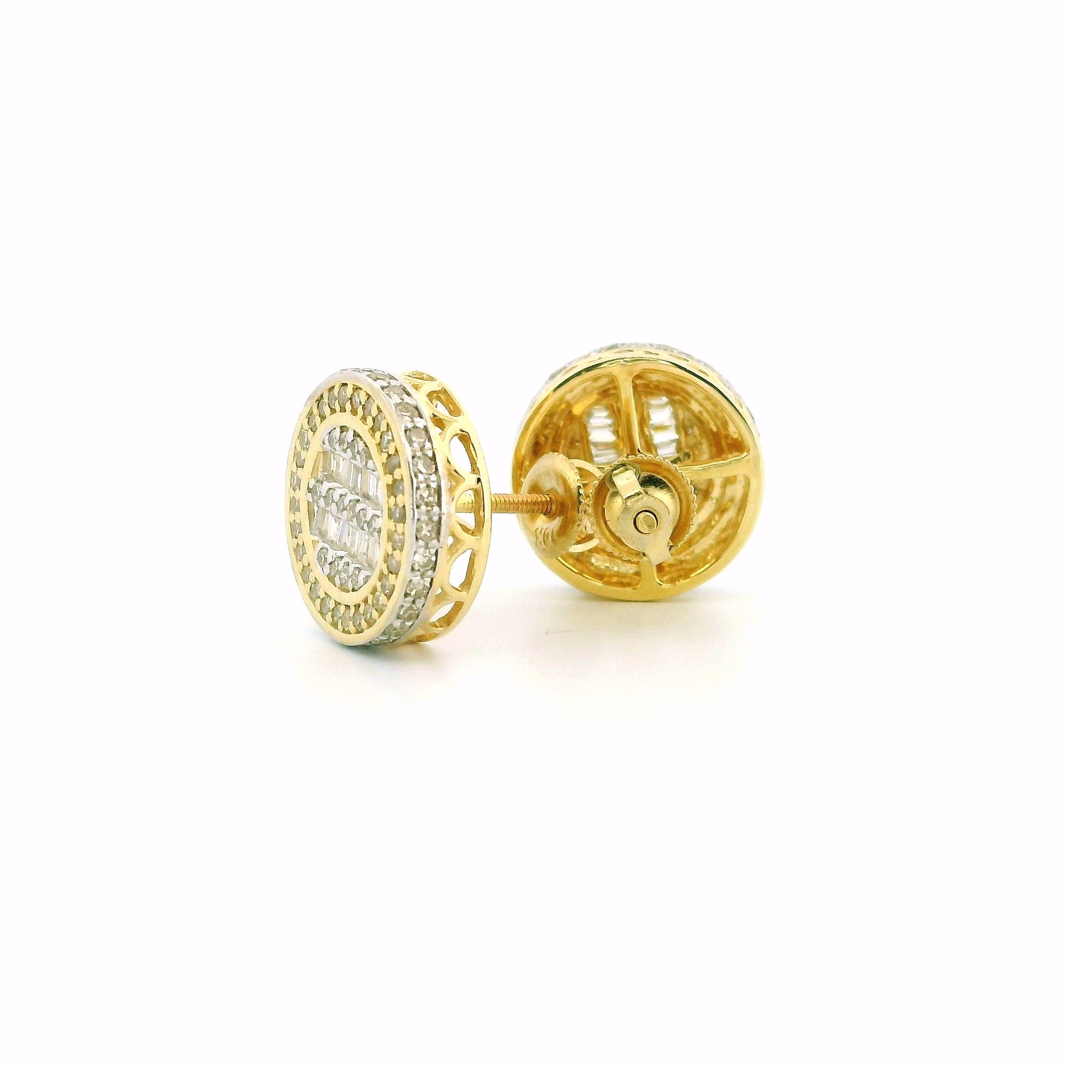 10k Yellow Gold Diamond Earrings | 0.62ctw Round & Baguette Natural Diamonds, 12.5mm