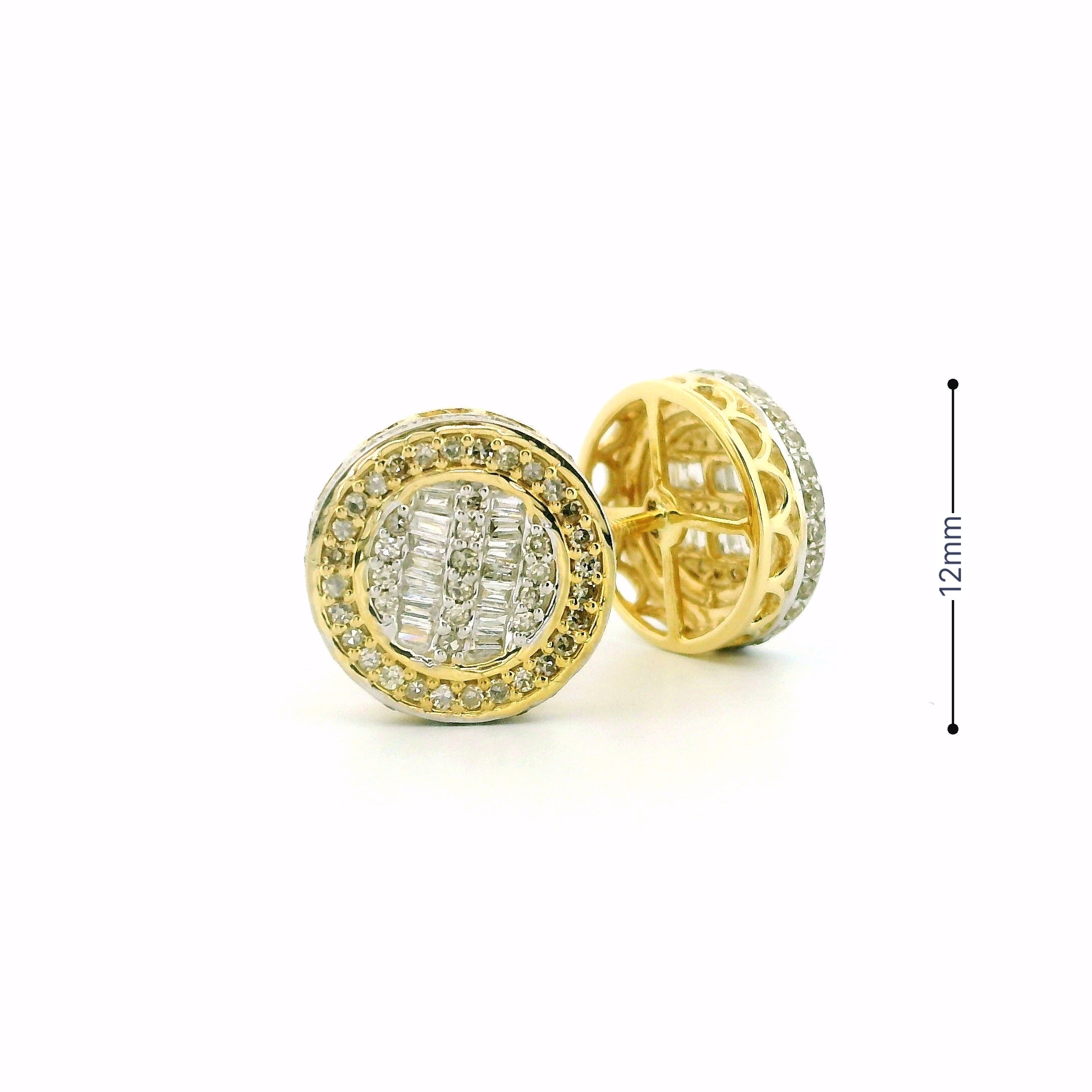 10k Yellow Gold Diamond Earrings | 0.62ctw Round & Baguette Natural Diamonds, 12.5mm
