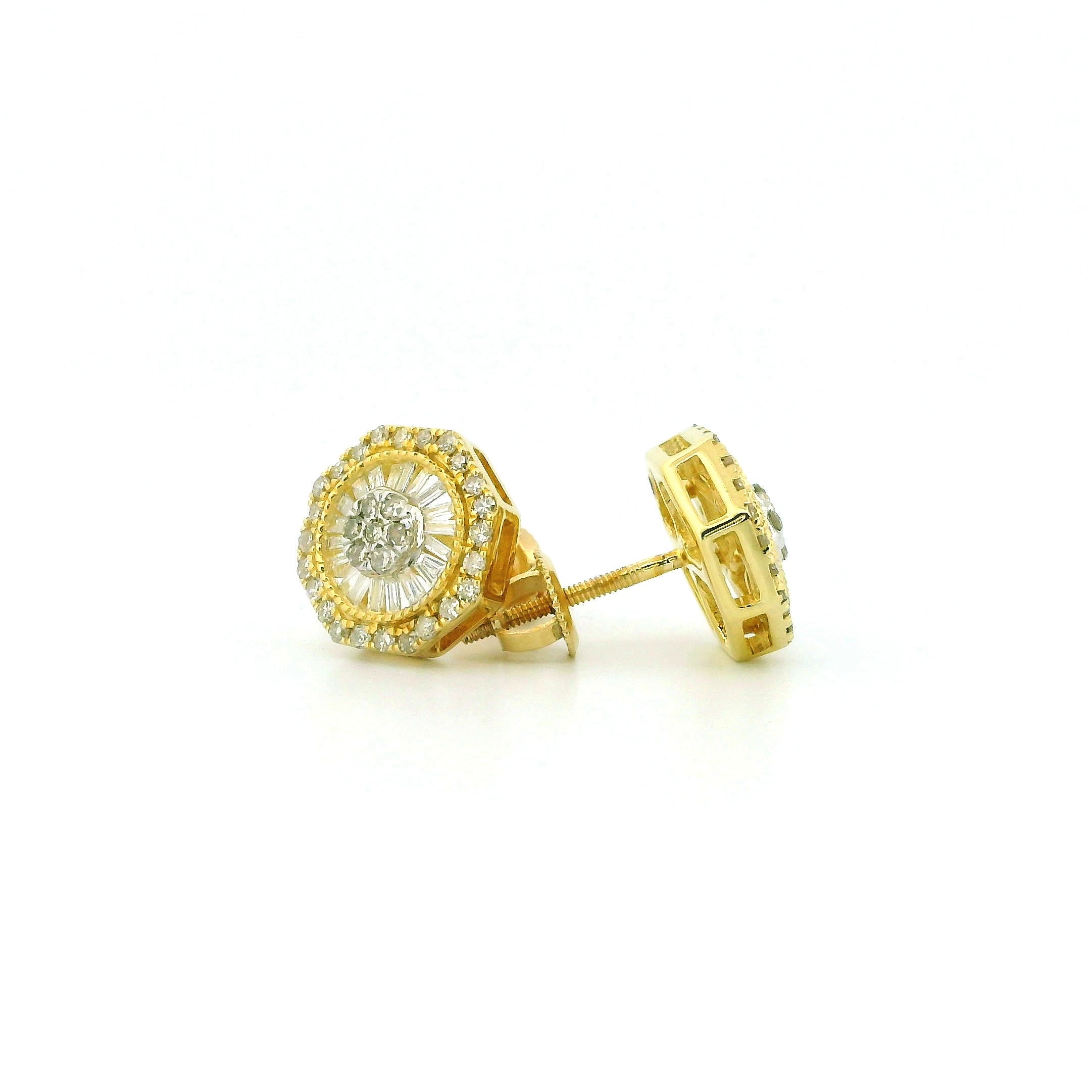 10k Yellow Gold Diamond Earrings | 0.60ctw Round & Baguette Natural Diamonds, 10mm