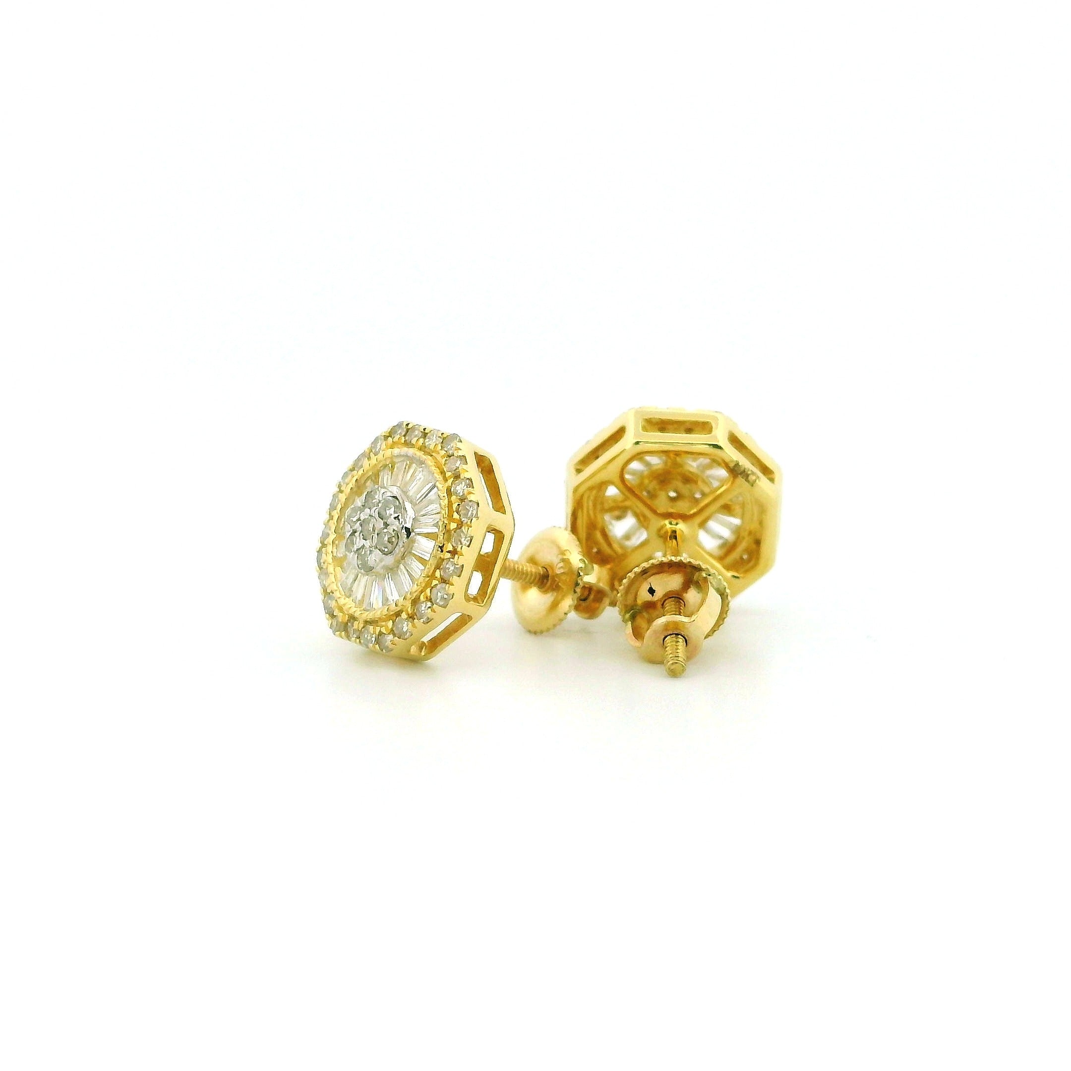 10k Yellow Gold Diamond Earrings | 0.60ctw Round & Baguette Natural Diamonds, 10mm