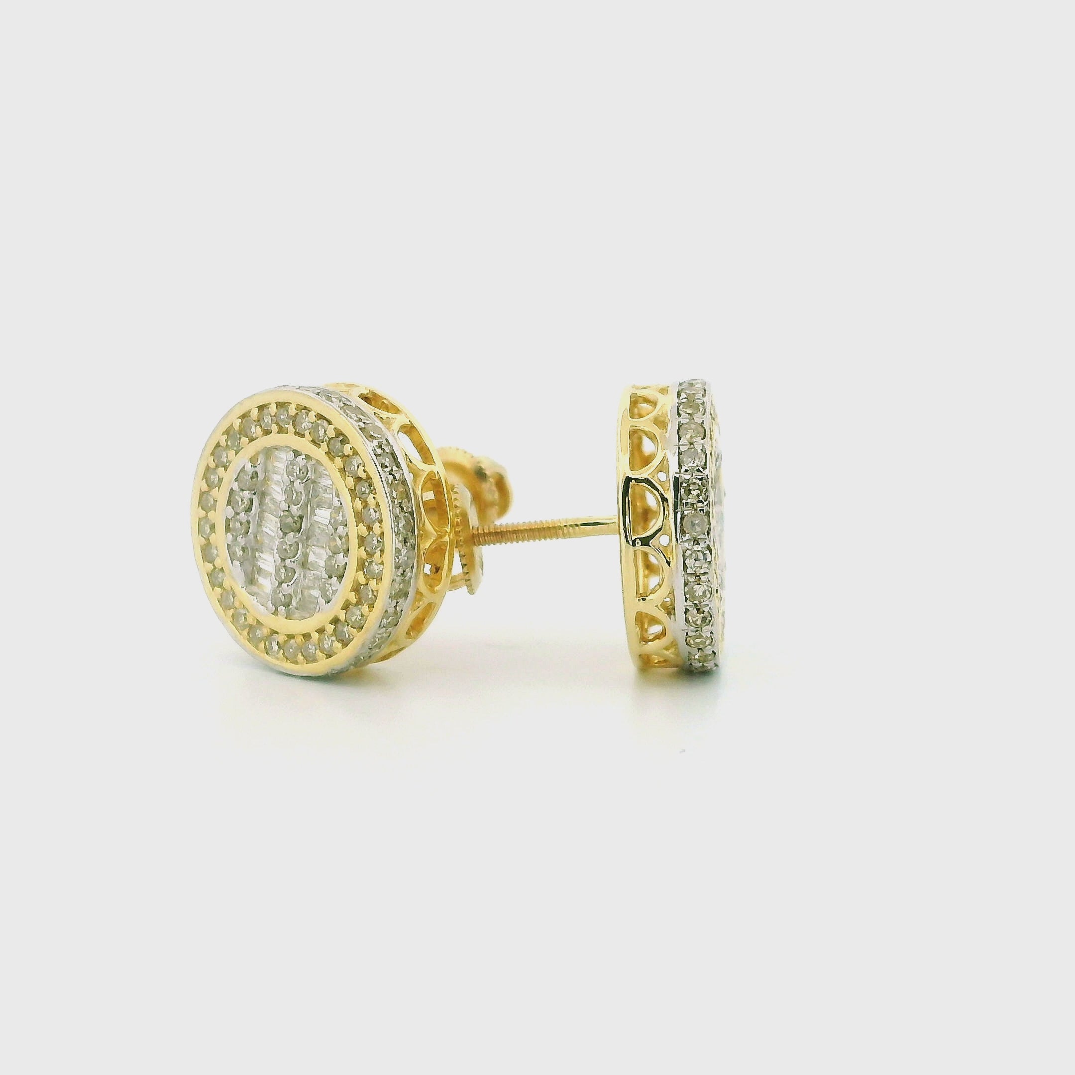 10k Yellow Gold Diamond Earrings | 0.62ctw Round & Baguette Natural Diamonds, 12.5mm