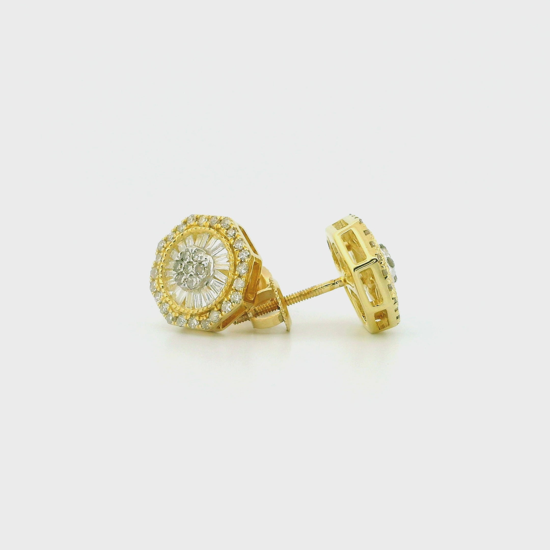 10k Yellow Gold Diamond Earrings | 0.60ctw Round & Baguette Natural Diamonds, 10mm